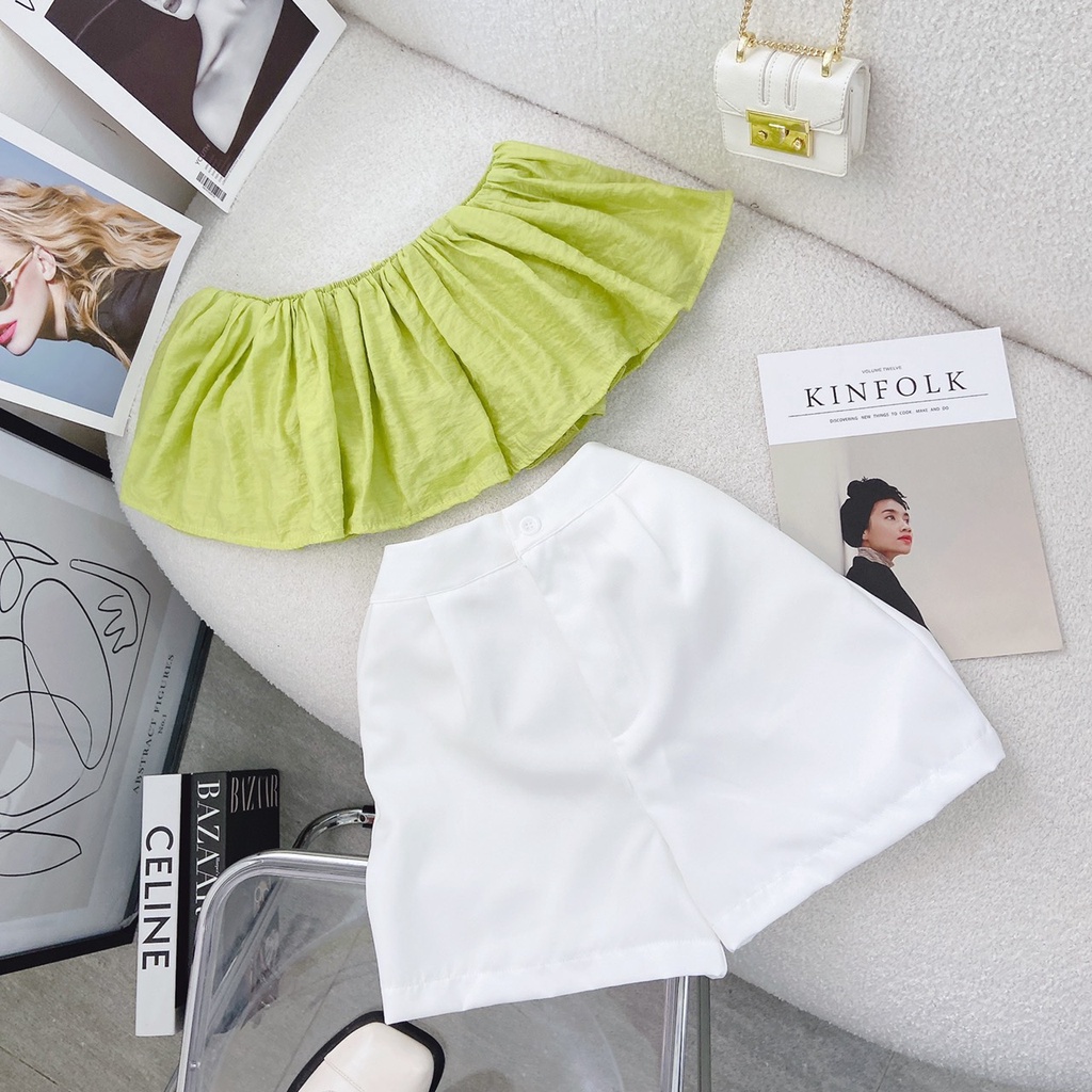 SET ÁO BÈO BẸT VAI HỒNG SEN + QUẦN SHORT TRẮNG