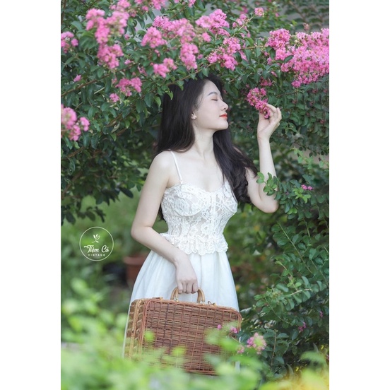 áo ren 2 dây đan lưng + chân váy voan (ảnh thật khách mặc)