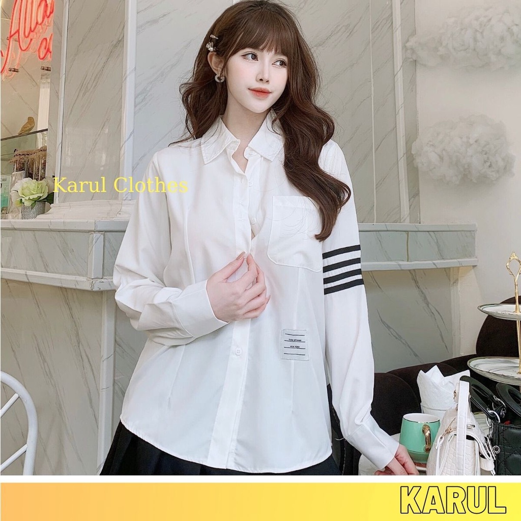 Áo Sơ mi trắng 3 sọc phôi viền , áo sơ nữ trắng dài tay cách điệu 3 sọc phong cách hàn quốc