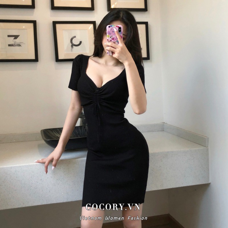 Cocory vn Đầm Dệt Kim Mỏng Dáng Ôm Phối Dây Rút Lưng Thời Trang Hàn Quốc Cho Nữ