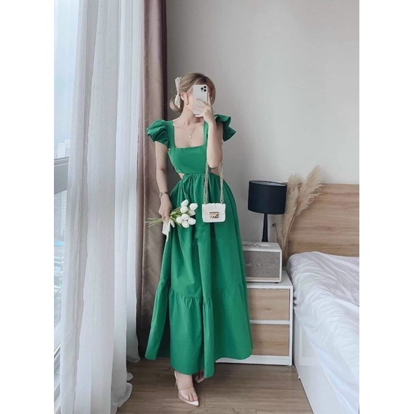 Váy Maxi Cánh Tiên Hở Eo Cột Nơ Lưng Đi Biển, Du Lịch, Sống Ảo Cực Hot . Chất Lụa