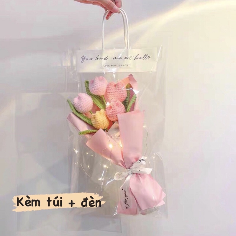 Bó 15 hoa cúc móc bằng len kèm túi và đèn led dễ thương