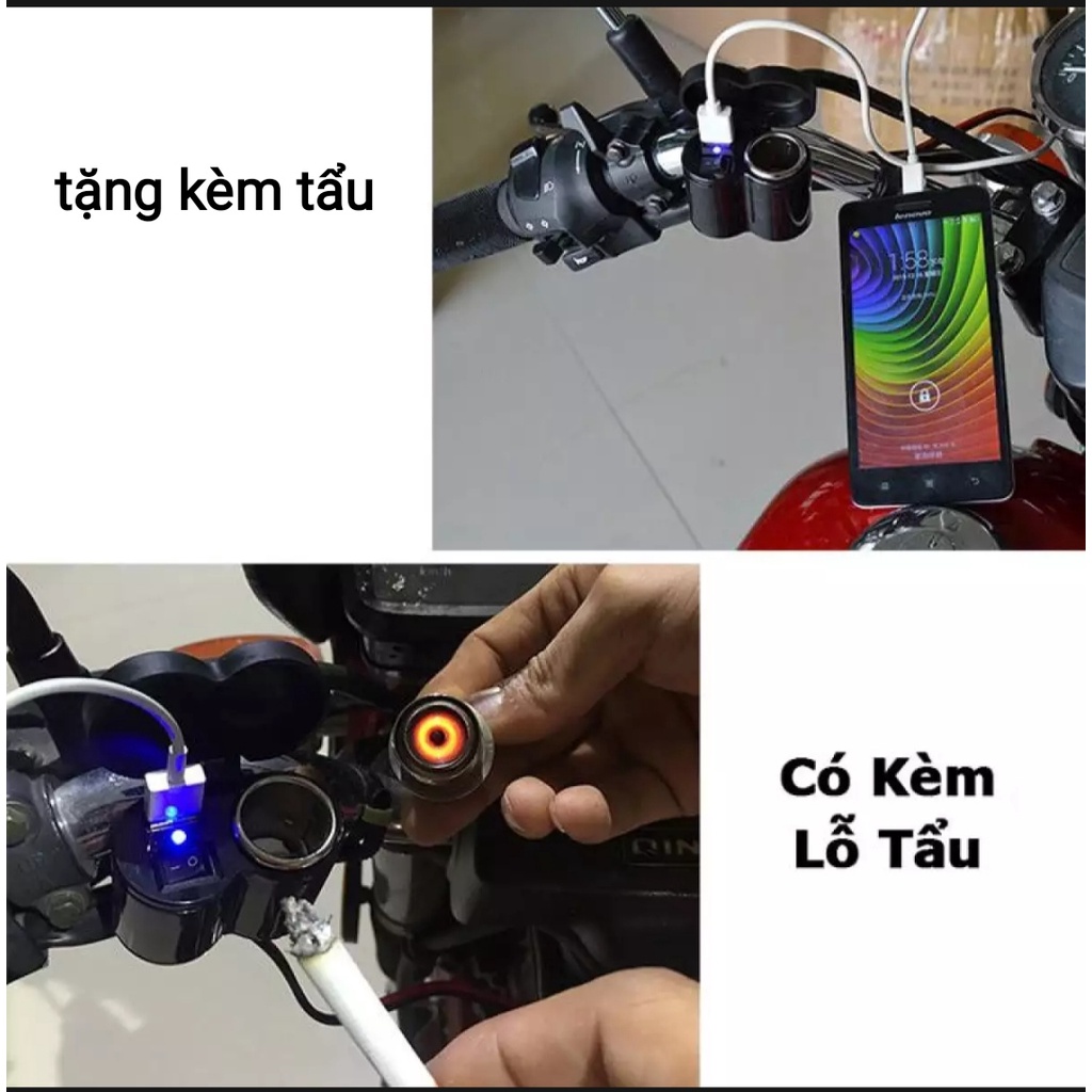 Combo 100 bộ Sạc Điện Thoại Trên Xe Máy 12v Tặng Kèm Tẩu ( giá 100 bộ Đen)