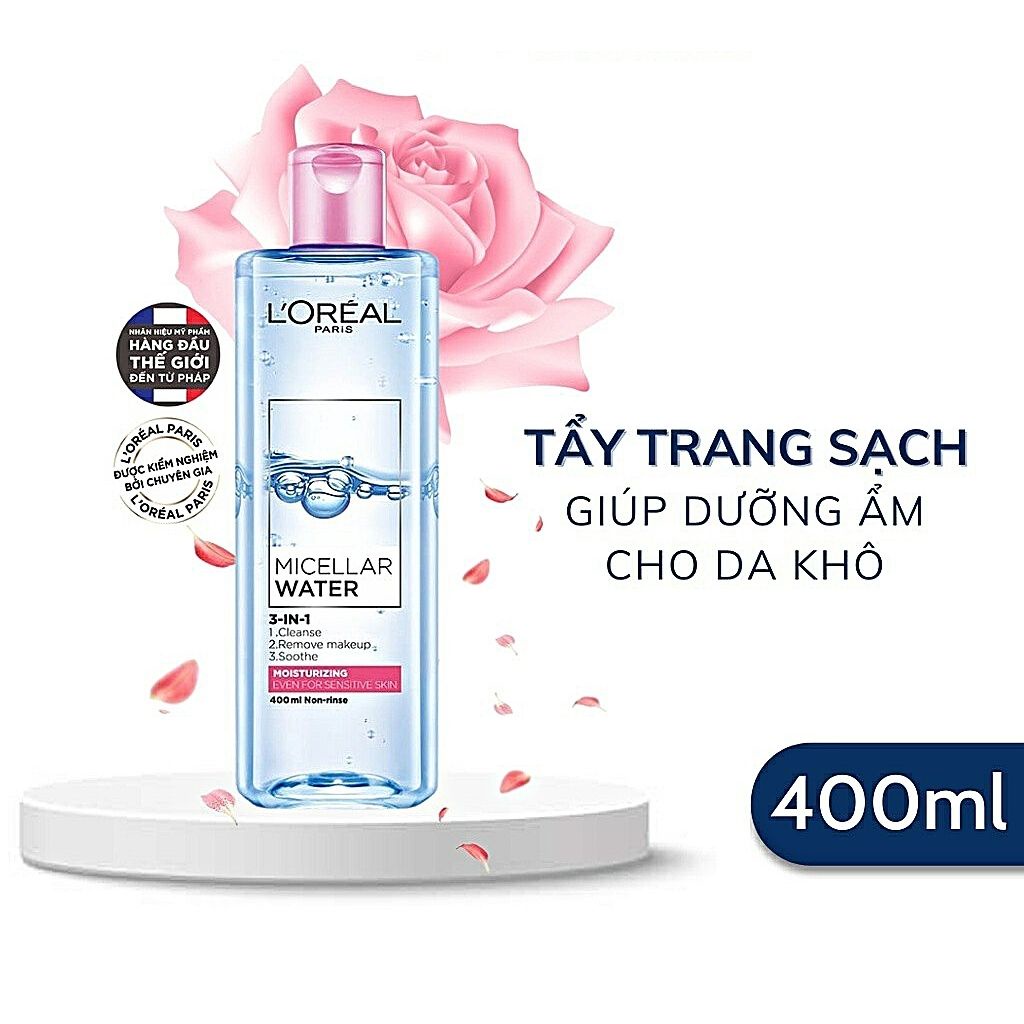 Nước Tẩy Trang L'Oreal Paris Cho Mọi Loại Da 3-in-1 Loreal Micellar Water-Moisturizing,Màu Hồng 95Ml