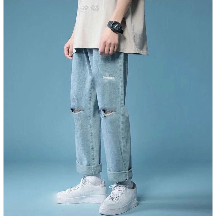 Quần Baggy Jean Nam Xanh Rách Gối Dáng Đứng Suông Ống Rộng Trẻ Trung Chất Vải Co Giãn Nhẹ Không Xù Lông Không Bai Gião