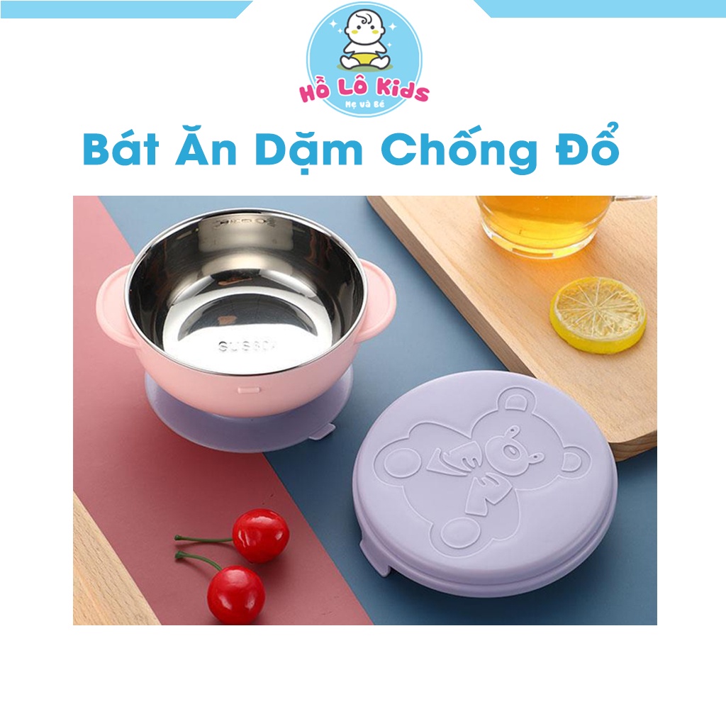 Bát ăn dặm cho bé cách nhiệt inox 2 lớp có đế hút chân không chống đổ, chống lật có nắp Hồ Lô Kids