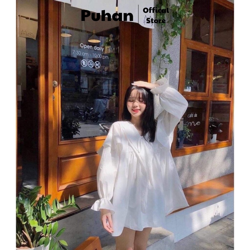 Áo sơ mi babydoll dài tay cổ viền chữ Y - áo sơmi trắng nữ dài tay bánh bèo, tay bo xòe, dáng váy SIÊU HOT
