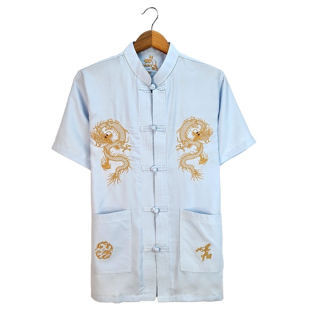 Áo sơ mi nam cổ tàu trung niên chất đũi dày dặn mềm mát loại áo sơ mi nam tay ngắn thêu rồng ADUI16