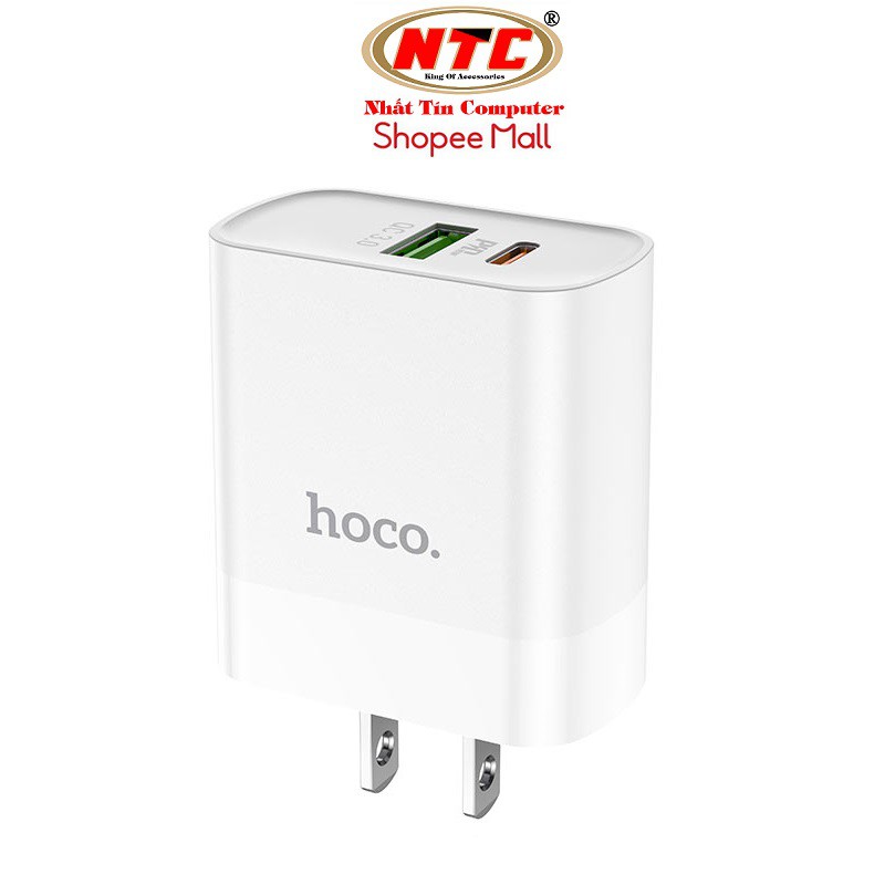 Cốc sạc 2 cổng USB Hoco C80 chân dẹp QC3.0 và Type-C PD18W (Trắng) - Hãng phân phối