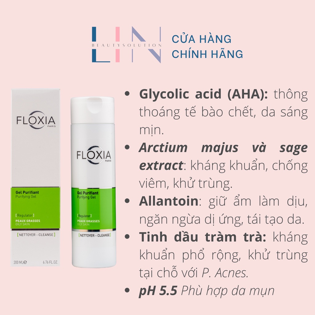 FLOXIA - PURIFYING GEL REGULATOR Gel rửa mặt dịu nhẹ, kháng khuẩn và giảm viêm dành cho da nhờn, mụn
