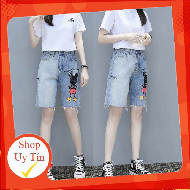 Hàng nhập khẩu Quần jean ngố / lửng / 5 tấc BIG SIZE lưng cao, rách bụi đẹp, in hình mèo hello kitty 3336 Liên hệ mua hà