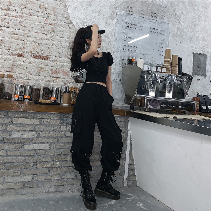 [CÓ SẴN] Quần jogger box pant túi hộp unisex Hàn oversize form rộng street style cá tính Quảng Châu nam nữ rút dây đen