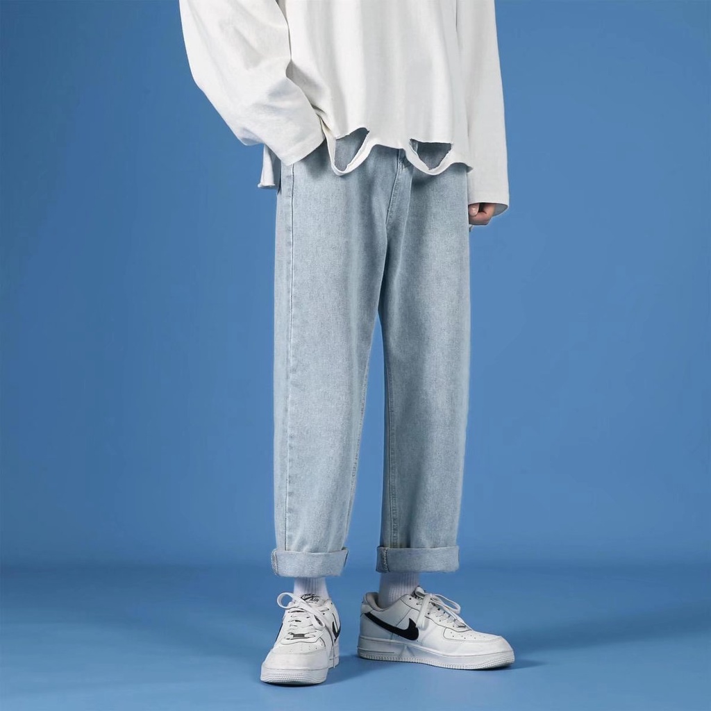 Quần Jeans Trơn Dáng Suông Rộng Thoải Mái Phong Cách Thời Trang Hàn Quốc Cho Nam Giới Có size S-5XL