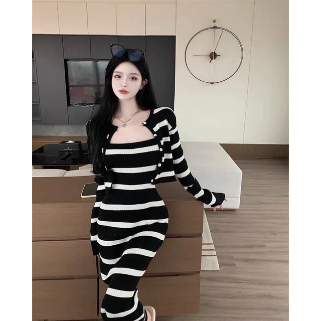 Set Váy Áo, Đồ Bộ Nữ, Váy Body Dáng Dài Họa Tiết Kẻ Ngang Kèm Áo Cardigan Phong Cách Hàn Quốc
