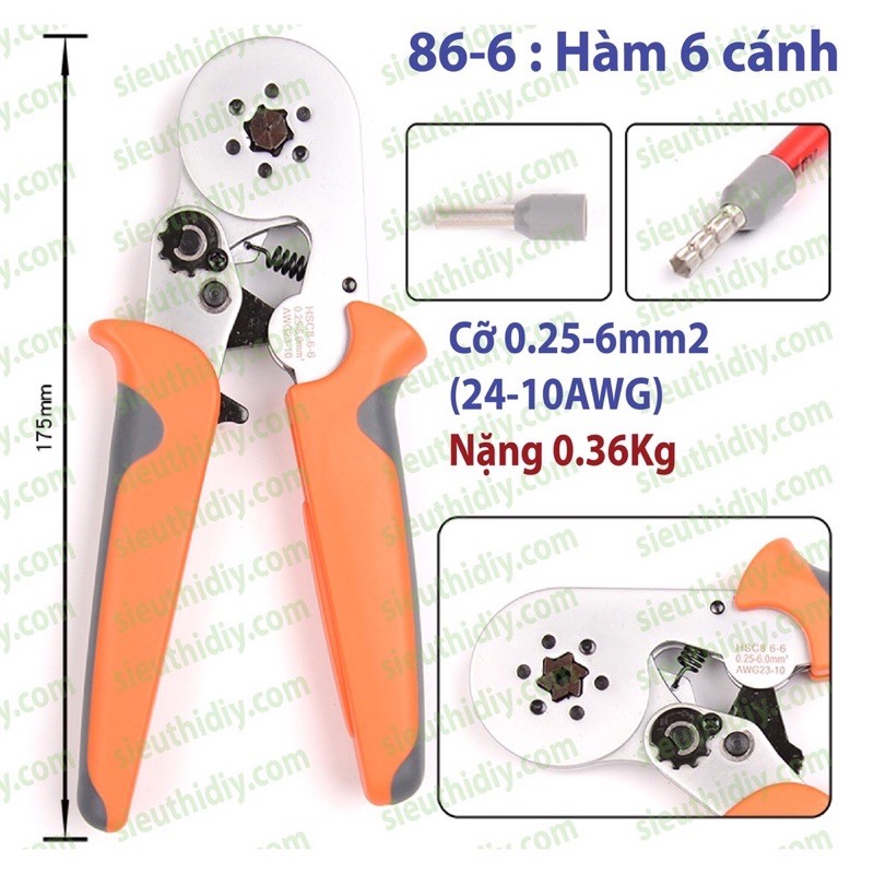 Kìm bấm cos pin rỗng đầu tròn 86-6