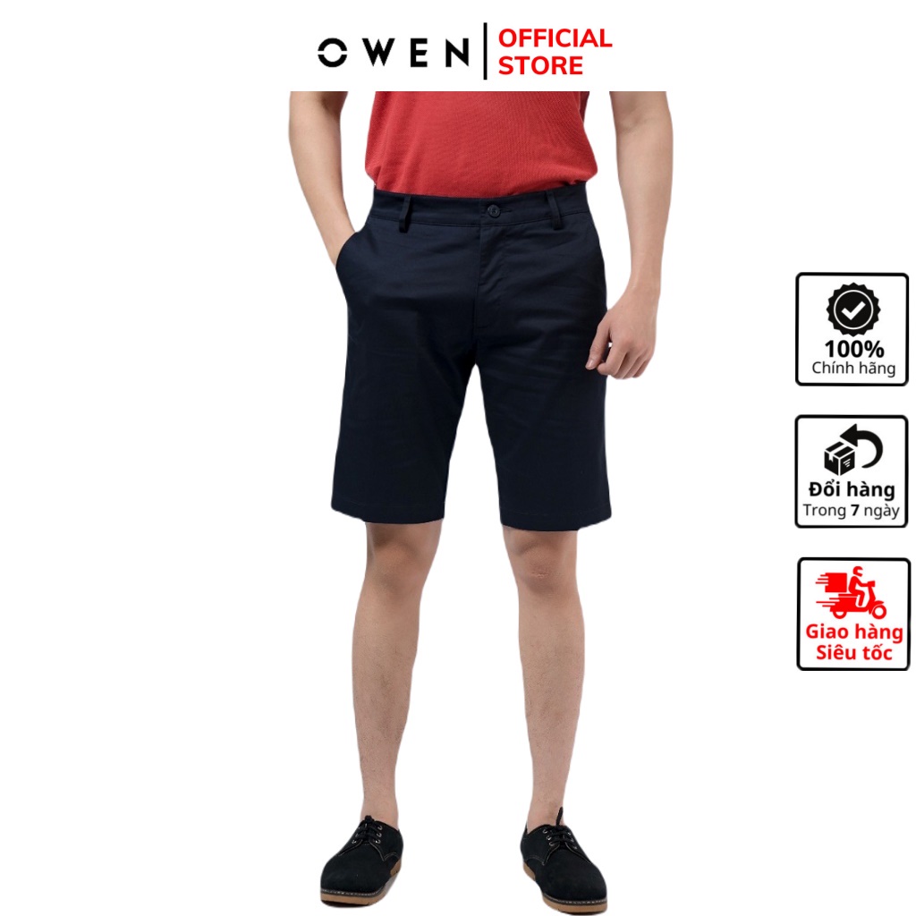 Quần short kaki nam hàng hiệu OWEN SK220490 sóc đùi ngố khaki màu navy đậm dáng slim fit ôm vừa vải cotton cao cấp