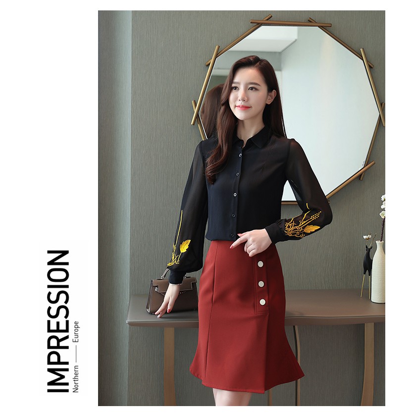 Korean Embroidery Chiffon Casual Blouse Women Autumn Long Sleeve Shirt Black | BigBuy360 - bigbuy360.vn