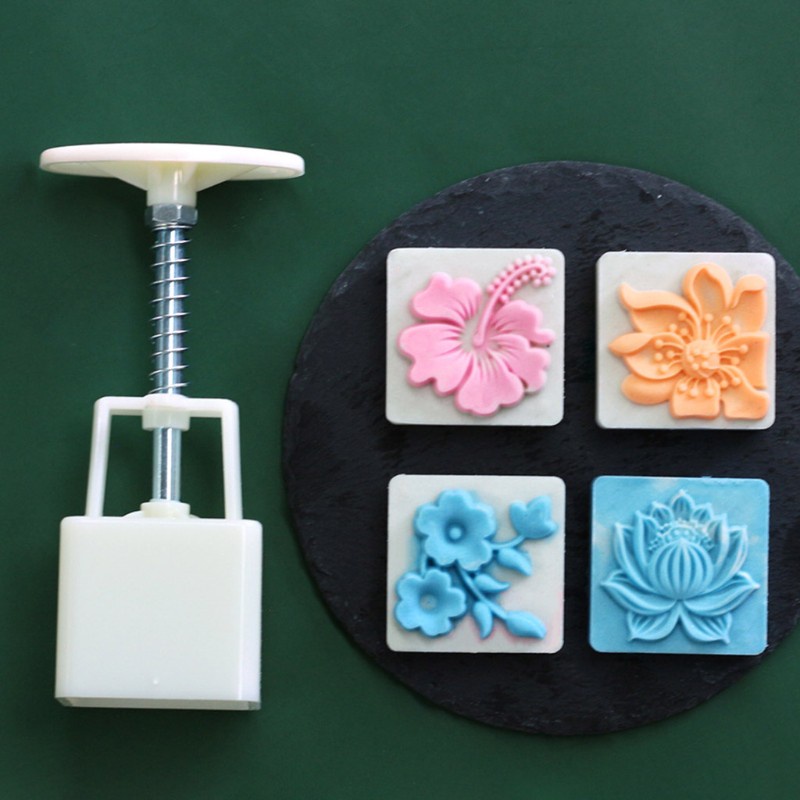 be❀  Plastic Mooncake Mold 65g Cookie Cutter 4 Round Square Stamps Hand Press Pastry