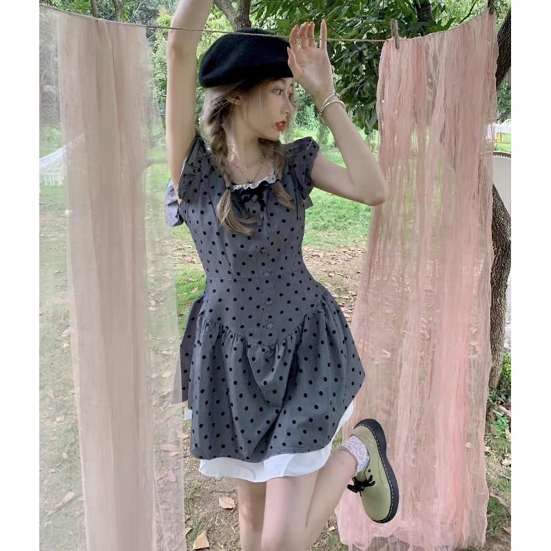 Váy dáng xoè 2 tầng xám chấm bi vintage dễ thương tay bèo công chúa ulzzang Hàn Quốc [Yannie]