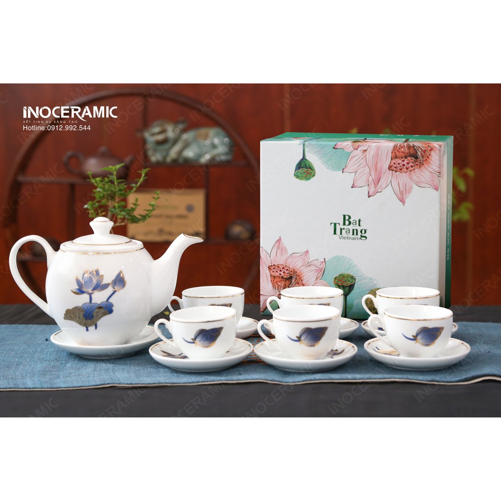 Bộ trà Minh Long sen xanh kẻ chỉ vàng 800ml