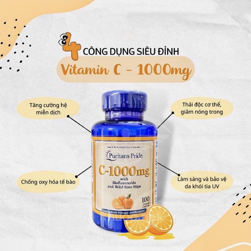 🍊🍋 Viênh uống bổ sung Vitamin C Puritan’s Pride C-1000mg with Bioflavonoids 100 Viên của Mỹ🍋🍊ưs4õ