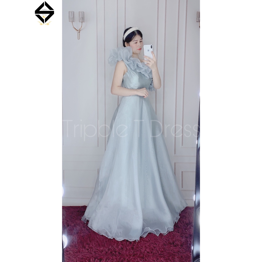 Đầm maxi voan kính nhún bèo lệch vai TRIPBLE T DRESS - MS334V