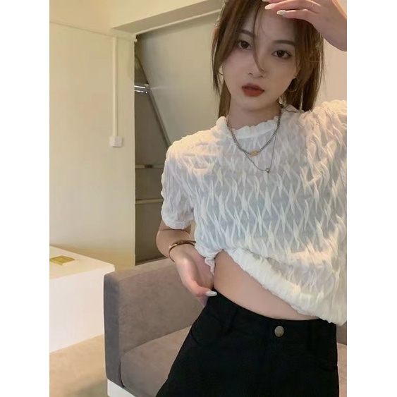 Áo Thun Nữ Ngắn Tay Cổ Tròn Phối Ren Thời Trang Hàn Quốc