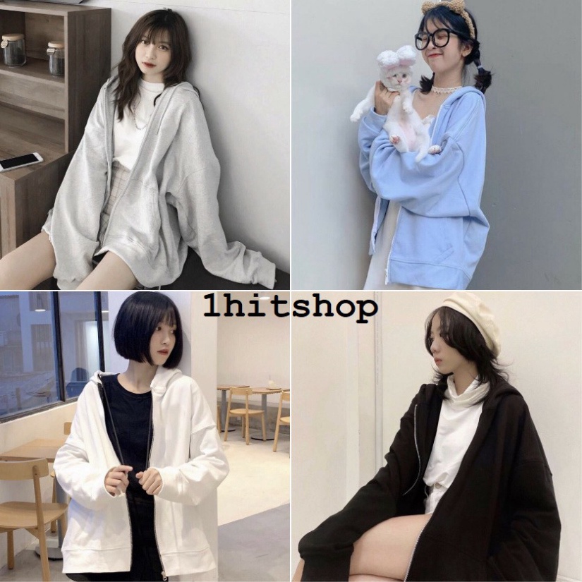 Áo khoác Hoodie nam nữ nỉ trơn Basic form rộng tay bồng khóa kéo có mũ Ulzzang giá rẻ màu đen, trắng, hồng, xám  K076