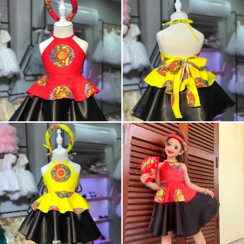 Set yếm đào cách tân 2 màu đỏ/vàng cho bé