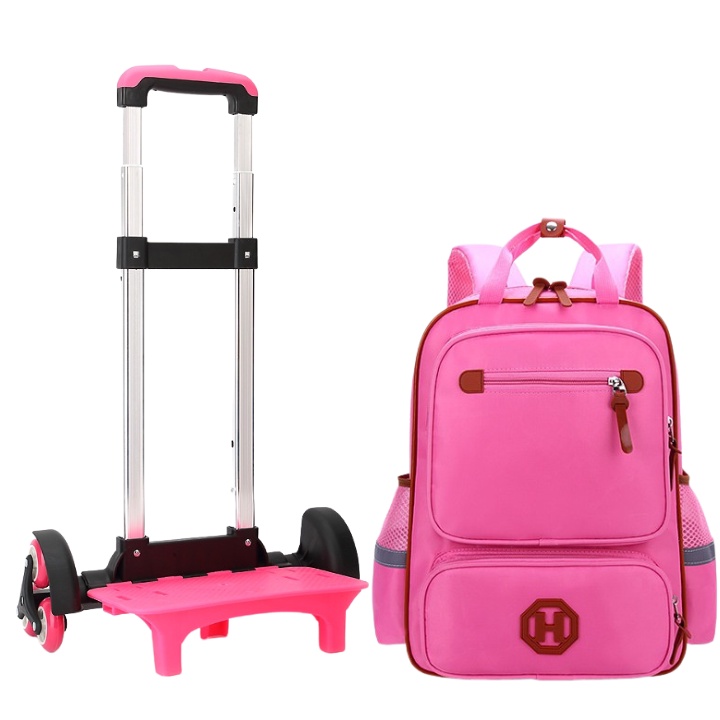 Cần Kéo Balo Cho Bé 6 Bánh, Cây Kéo Balo Leo Cầu Thang Vượt Mọi Địa Hình 2 Màu Hồng Đen