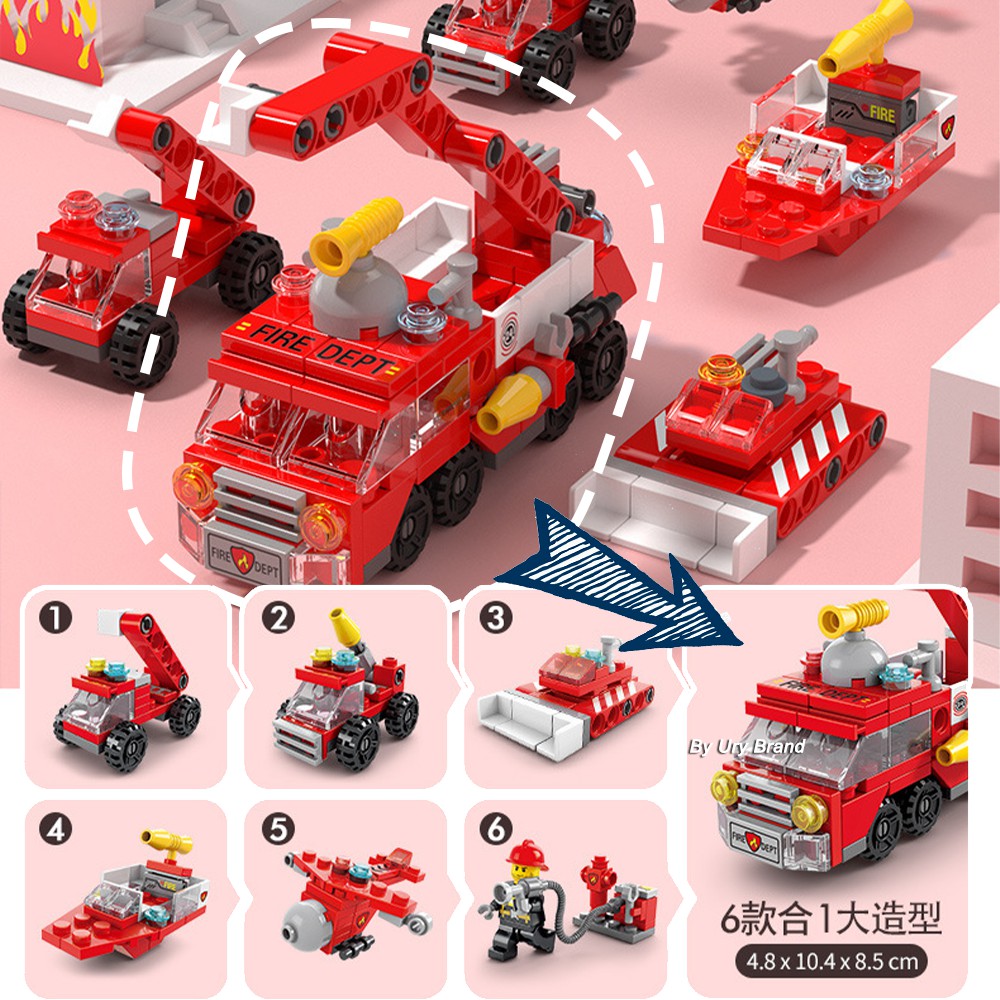 Mô hình đồ chơi lắp ráp xe cứu hỏa có thang leo và trực thăng 6 trong 1 