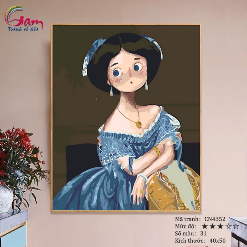 Tranh tô màu số hoá Gam nàng công chúa dễ thương có sẵn đã căng khung 40x50cm CN4352