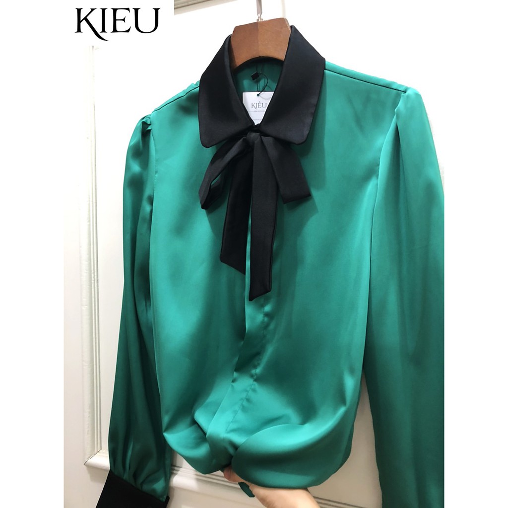 Áo Tay Dài Nữ 💖vải đẹp💖 Áo Lụa xanh thắt nơ | BigBuy360 - bigbuy360.vn