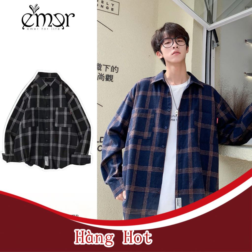 Áo Sơ Mi Nam Nữ Dài Tay Form Rộng Kẻ Sọc Caro Cổ Bẻ Unisex Oversize E'mer Phong Cách Hàn Quốc