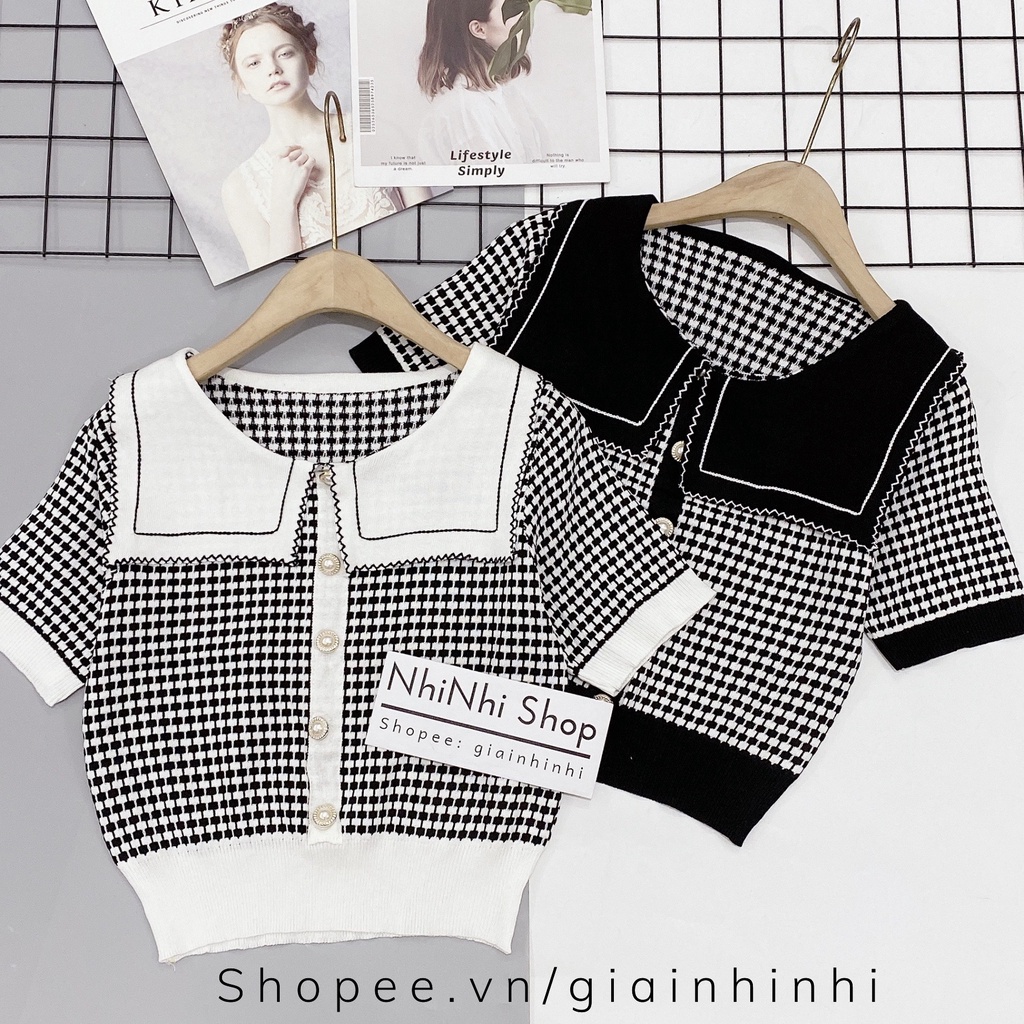 Áo len kẻ caro cổ lá bo gấu ngắn tay cúc đính vải len mịn co giãn AL8608 - NhiNhi Shop | BigBuy360 - bigbuy360.vn