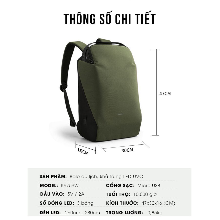 Balo du lịch công suất lớn, có ngăn khử khuẩn UV LED – KINGSONS SAFEBOX