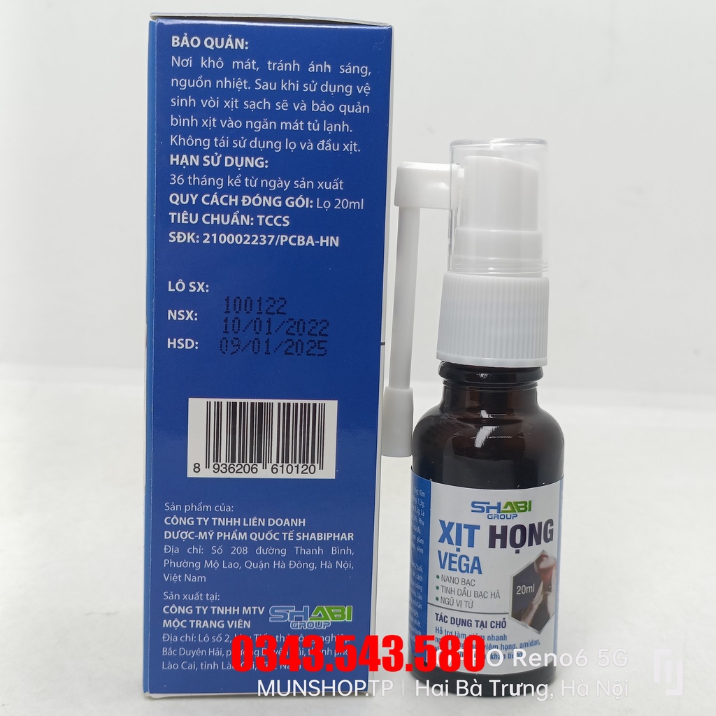 Xịt họng VEGA - Tác dụng tại chỗ ngứa họng, ho, viêm họng chai 20ml