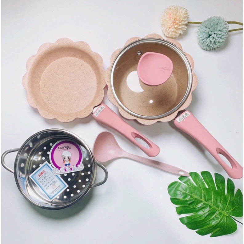BỘ nồi chảo ăn dặm cho bé,bộ nồi ăn dặm,nồi chảo quấy hình hoa,kèm xửng hấp