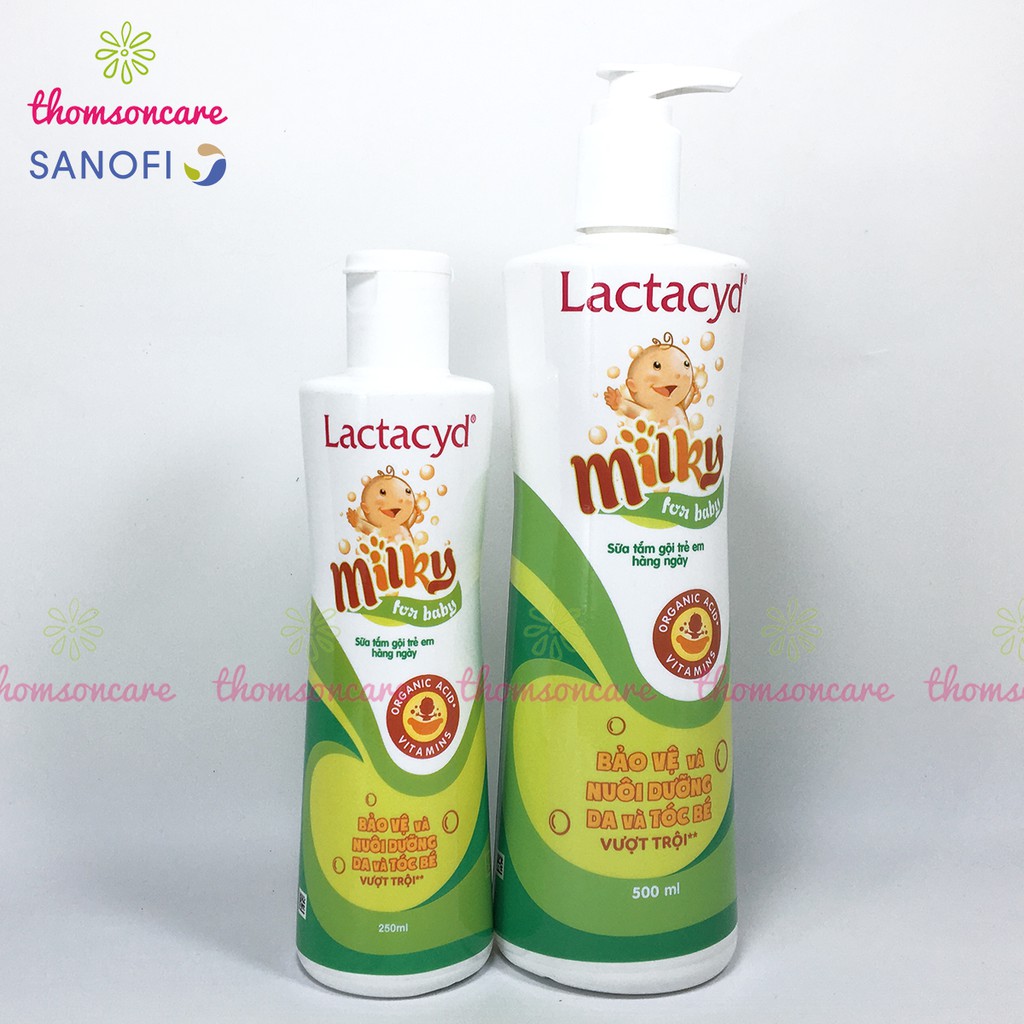 Sữa tắm Lactacyd Milky tắm và gội đầu cho bé từ sơ sinh chai 500ml có vòi tiện lợi, giảm rôm sảy, mẩn ngứa