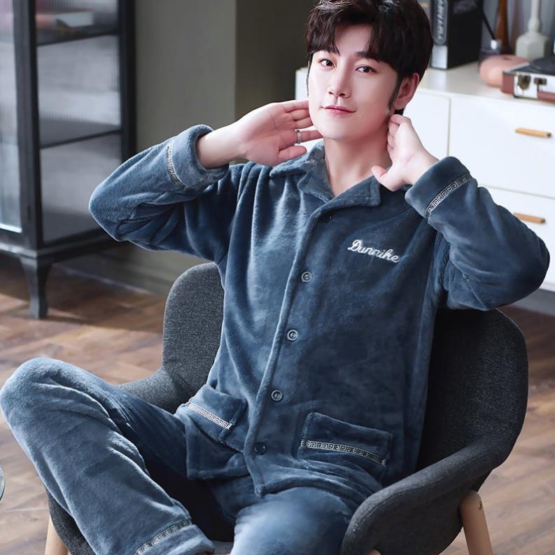 ▬Bộ đồ ngủ nam dày dặn ấm áp mùa thu đông vải nỉ dài tay lông cừu san hô set dịch vụ tại nhà đơn giản KJO
