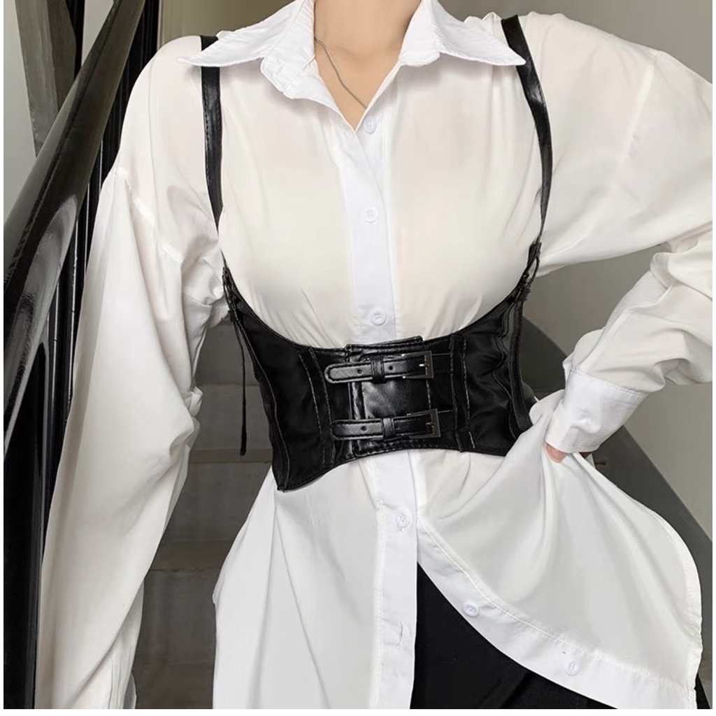 【 𝐍𝐞𝐰】Đai corset có dây trendy gothic màu nâu da PU siêu dày dặn