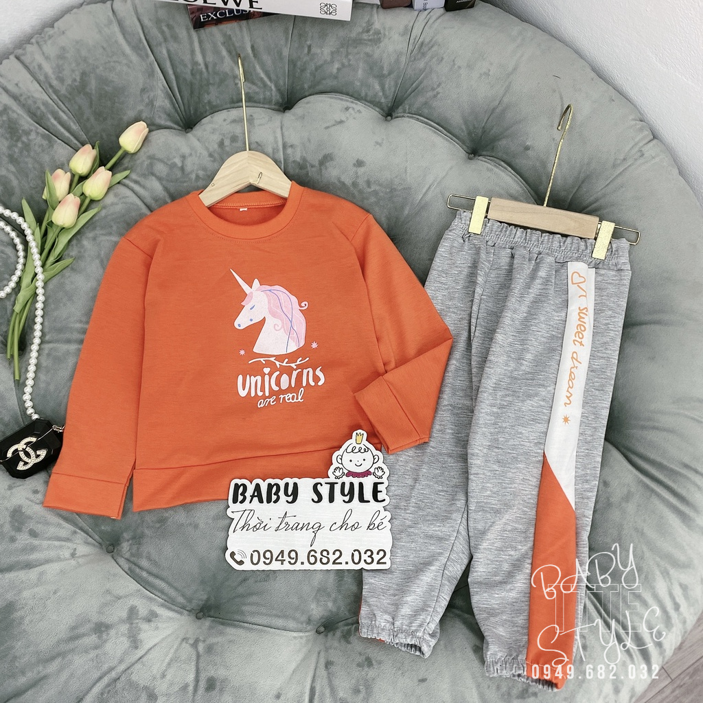 Bộ quần áo thu đông dài tay &quot;UNI&quot; 14-45kg cho bé gái 4-14 tuổi. Vải da cá dày dặn. Thoải mái. G45