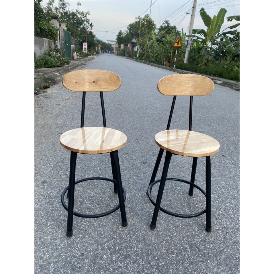 Ghế Đôn Tròn Cao 45cm Chân Sắt Mặt Gỗ Cao Su Có Tựa Lưng, Ngồi Caffe Ngoài Trời, Quán Cơm Nhà Hàng