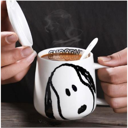 Dễ Thương Cốc Sứ Uống Trà Cà Phê Có Nắp Và Muỗng Hình Snoopy Đáng Yêu