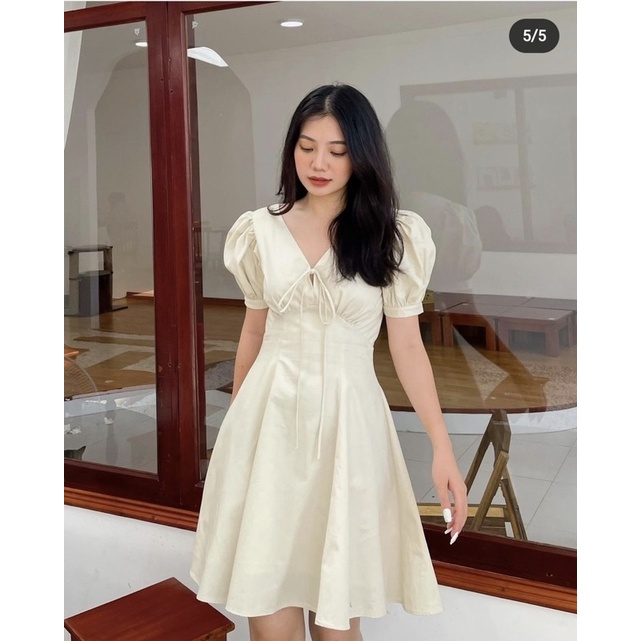 Váy Xoè Dáng Ngắn Tay Bồng Thắt Nơ Ngực Xinh Xắn - Váy Xoè Dáng Ngắn Tiểu Thư