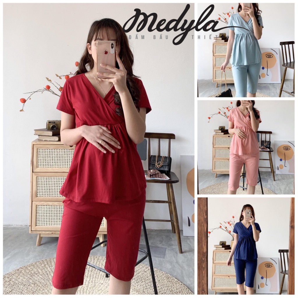 Bộ bầu mặc nhà vạt chéo ngắn tay sau sinh thiết kế Medyla onhacoshopee