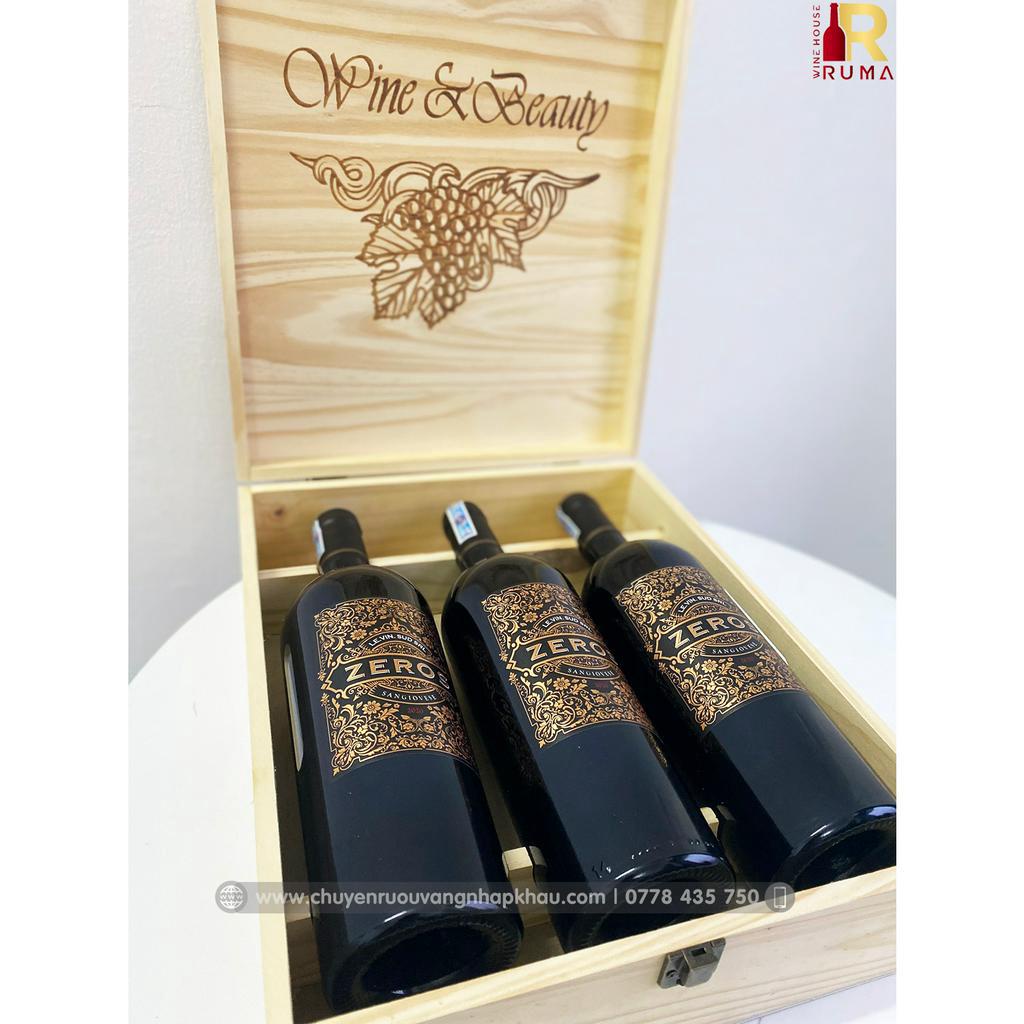 [Nhập khẩu chính hãng] Quà tặng hộp gỗ 3 chai vang Ý Zeros