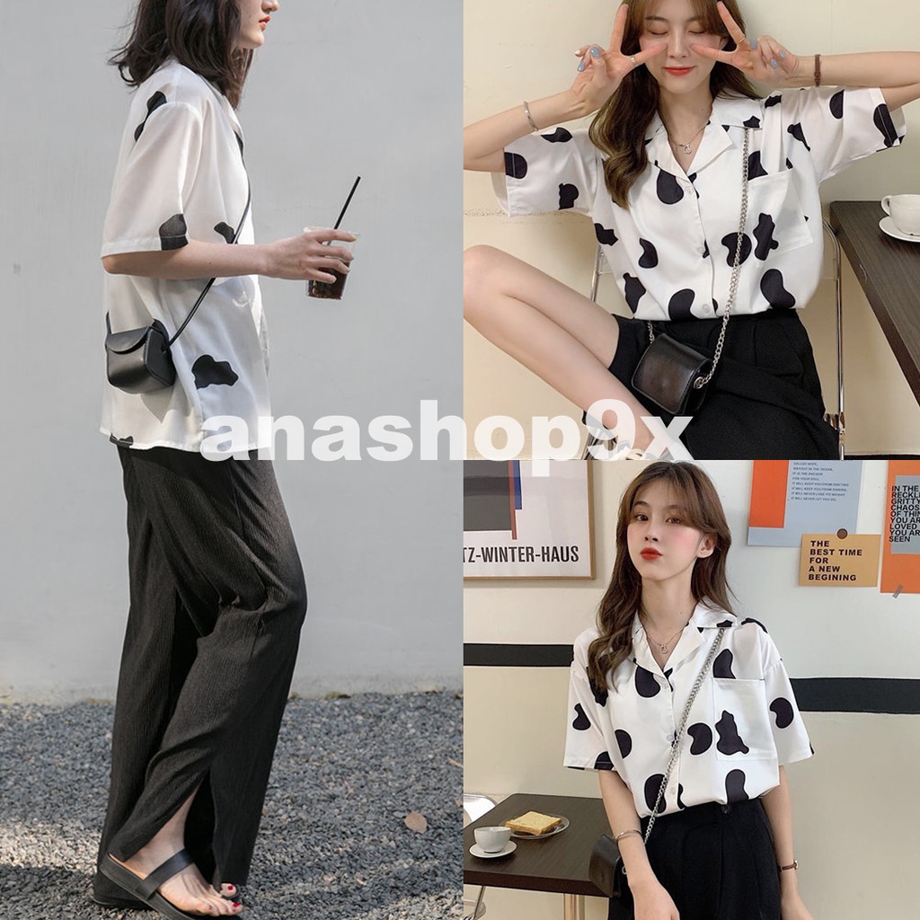 Áo sơ mi nam họa tiết loang bò sữa có túi ngực/ Áo sơ mi unisex form rộng anashop9x