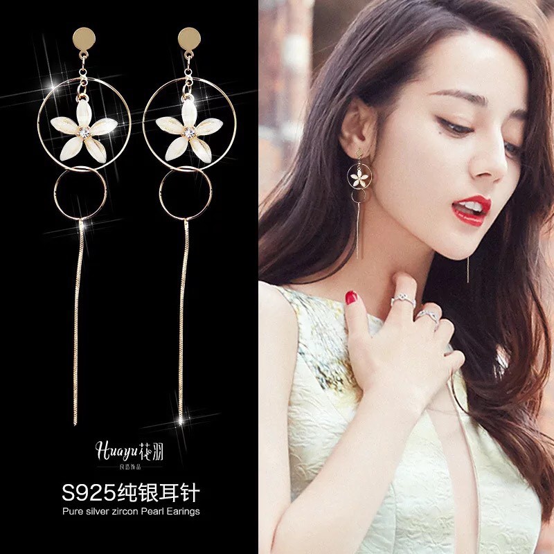 Bông tai Bạc 925 Phong Cách Hàn Quốc - KHOEN TRÒN SỢI DÀI HOA THỦY TINH ( Cao Cấp )- ẢNH CHỤP THẬT