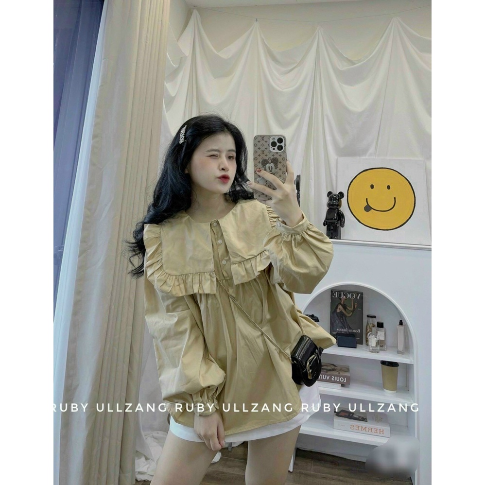 Áo Sơ mi Cổ Bèo Tay Phồng  phong cách tiểu thư,  bánh bèo, dáng babydoll 4 màu đen, trắng, xanh,nâu